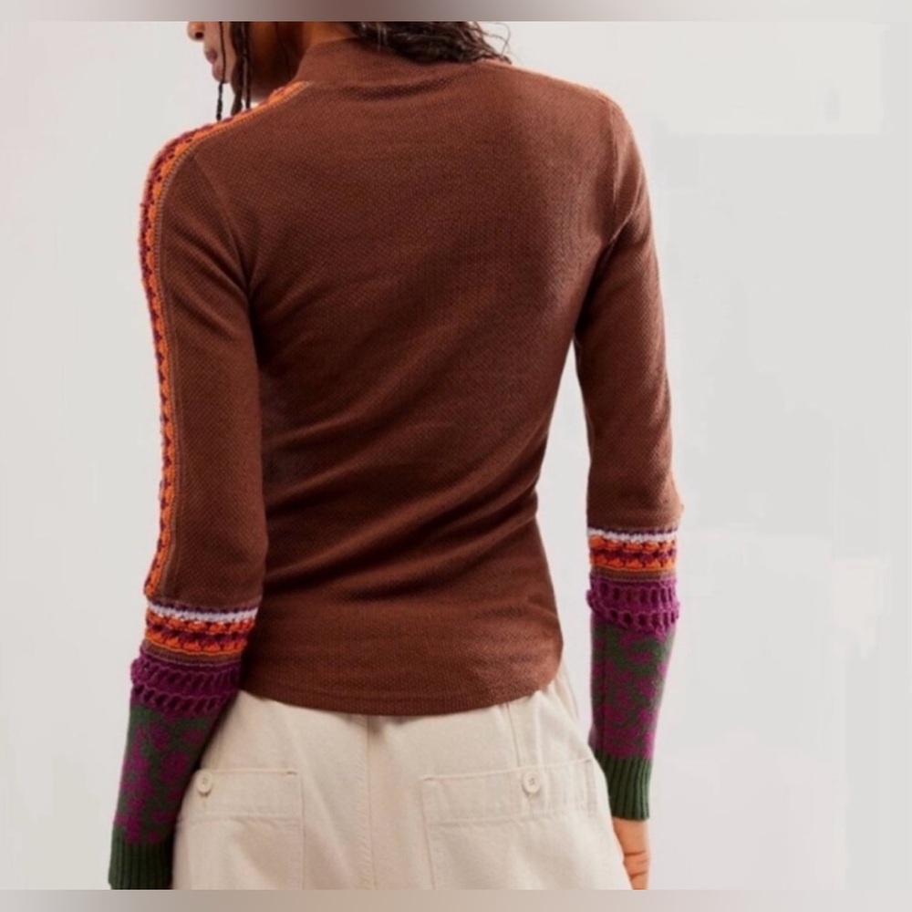 Free Preople Switch It Up Thermal Sweater Brown with Green, Purple and Orange S - Picture 3 of 9
